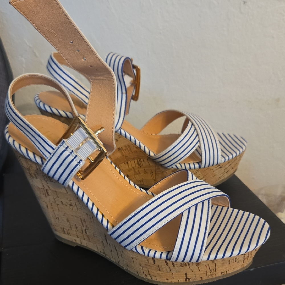 Liliana Blue and White Striped Wedge Sandals